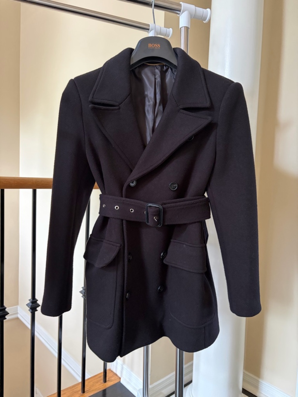 Women’s Black Double-Breasted Peacoat with Belted Waist